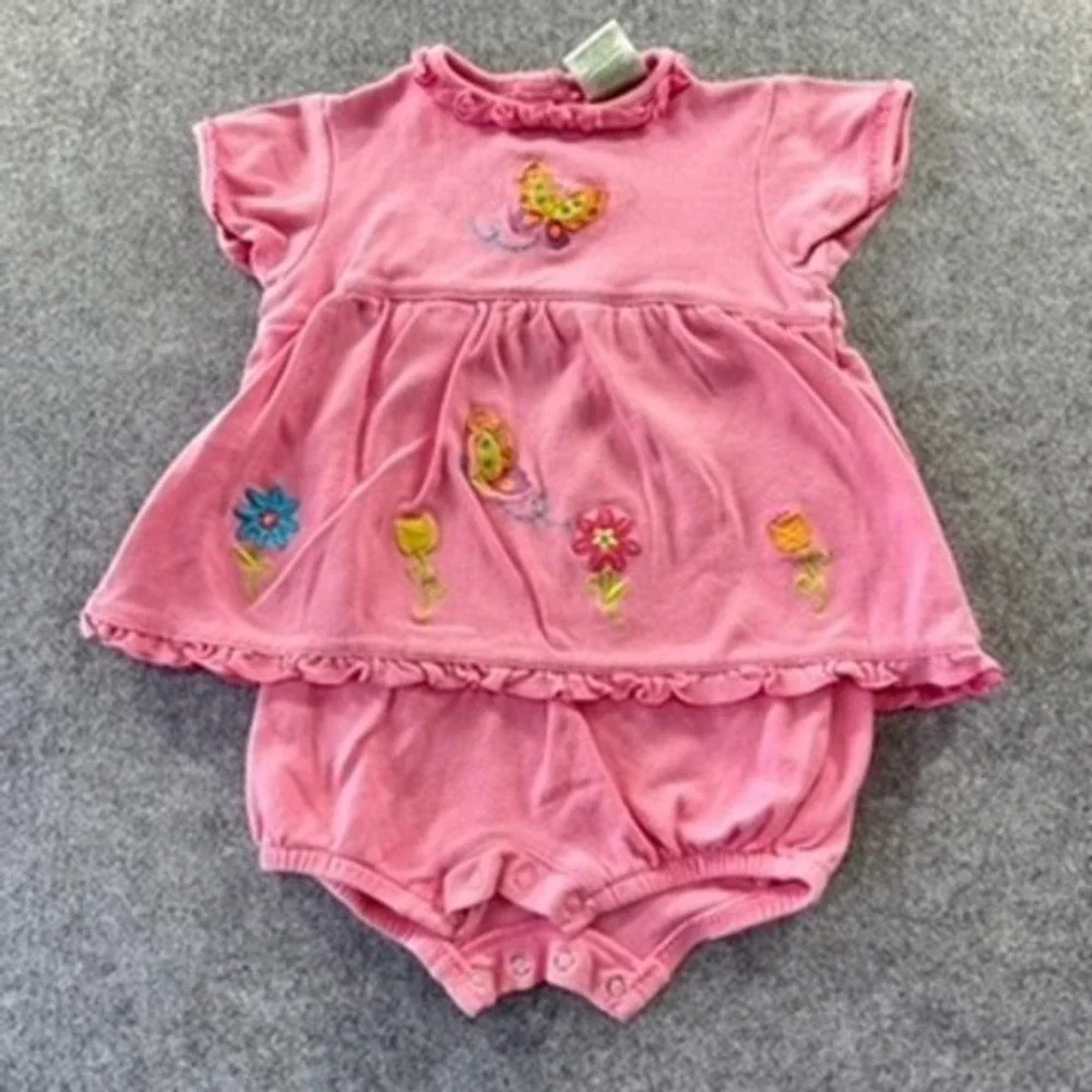 Okie Dokie Pink Butterfly Flower Embroidered Ruffle Top Bloomers Set Adorable